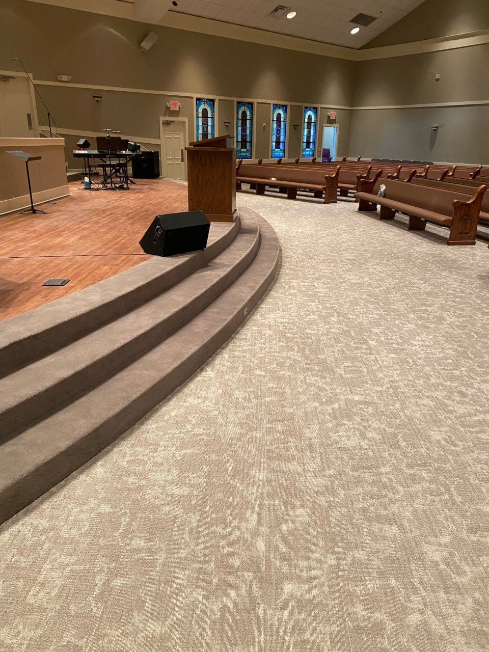 Church office corridor with patterned carpet tile